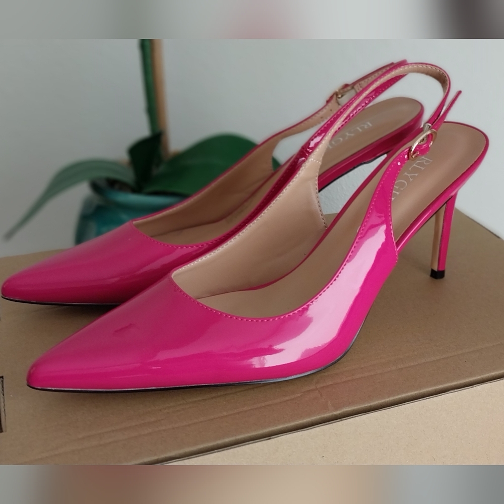 Fucshia Pink Patent Leather Slingback Heels - Picture 8 of 11